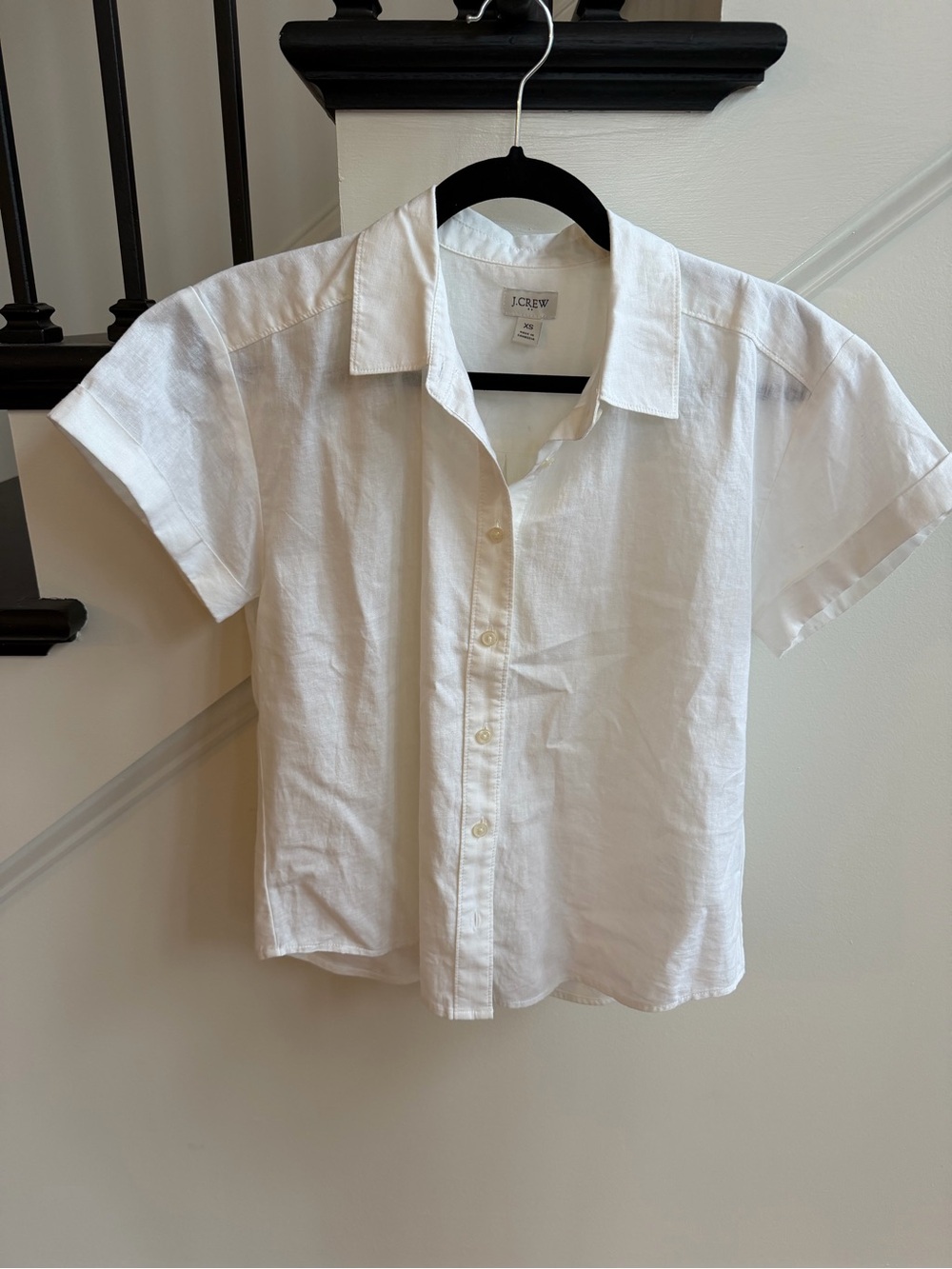 Women’s Casual Linen Blend J. Crew White Short-Sleeve Button-Down Shirt